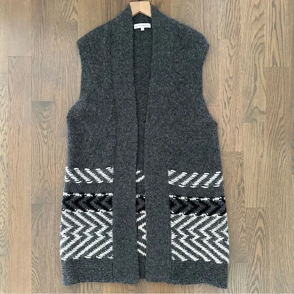 White + Warren Alpaca Jacquard Vest Charcoal Multi Longline Open Front Grey S - Picture 3 of 8